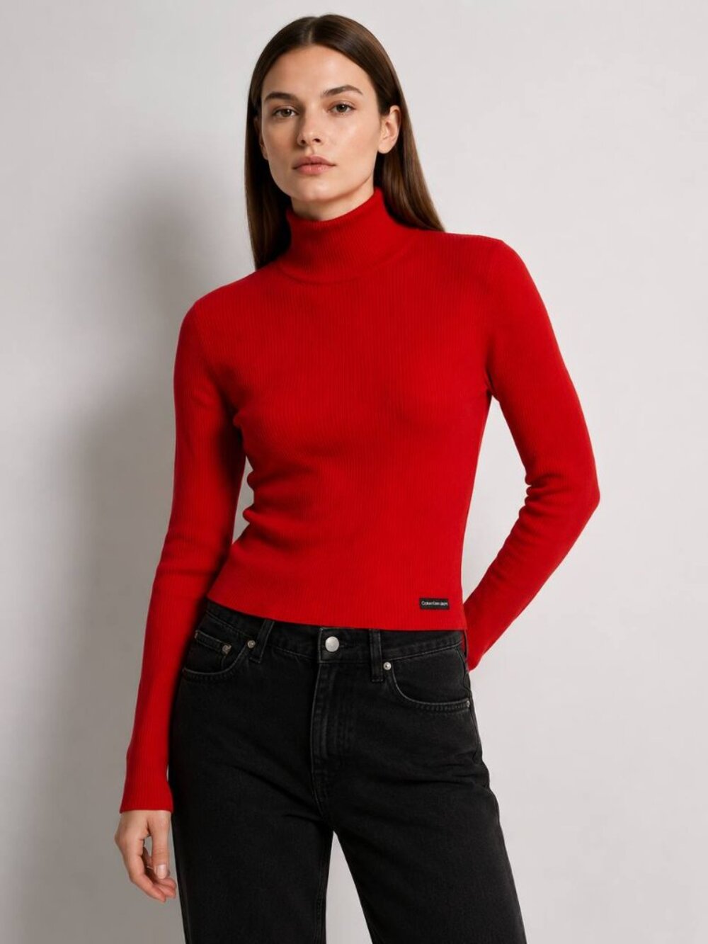 Calvin Klein Jeans Red Ribbed Mock Neck Cropped Sweater Top Size M